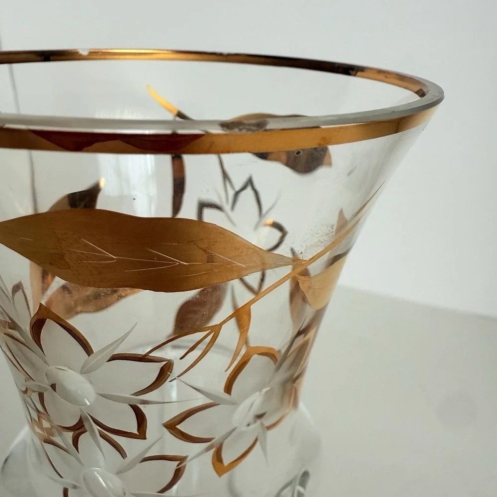 Bohemia Crystal Vase Gold Floral Etched Made‎ in Czechoslovakia Vintage READ